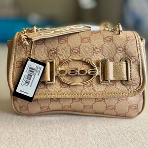 Bebe Beige and Gold Logo Shoulder Bag